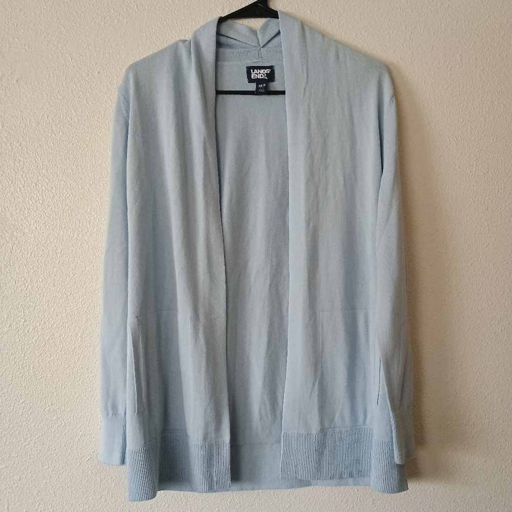 Lands' End Long Sleeve Open Long Cardigan Sweater Size XS Light Blue Pockets
